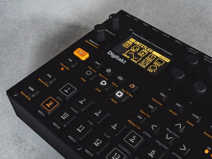 Detailed close-up of a Digitakt electronic drum machine. Perfect for music production enthusiasts.